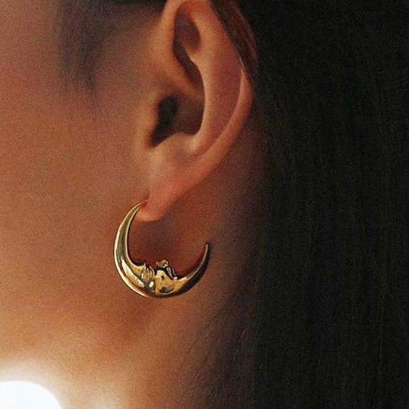 Golden Crescent Moon Earring - Picture 4 of 4